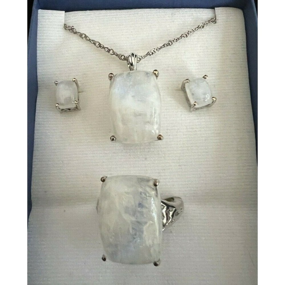 White rainbow moonstone rhodium over silver ring, earrings, & pendant with chain